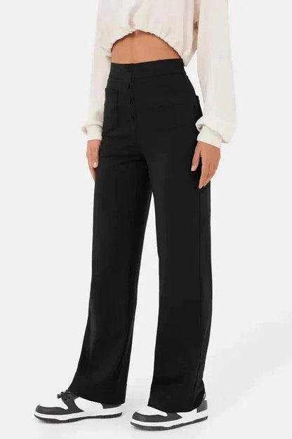 Women's Wide-Leg Trousers - High Waist - Button Closure - Front Pockets - Relaxed Fit