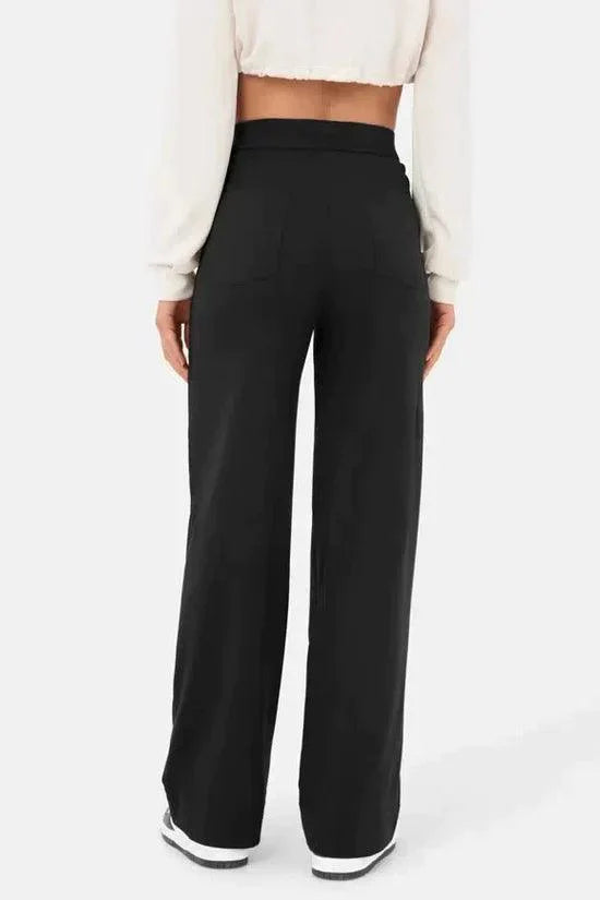 Women's Wide-Leg Trousers - High Waist - Button Closure - Front Pockets - Relaxed Fit