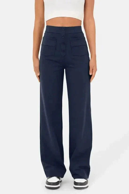 Women's Wide-Leg Trousers - High Waist - Button Closure - Front Pockets - Relaxed Fit