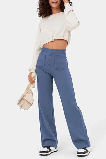 Women's Wide-Leg Trousers - High Waist - Button Closure - Front Pockets - Relaxed Fit