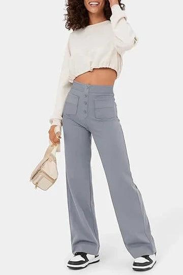 Women's Wide-Leg Trousers - High Waist - Button Closure - Front Pockets - Relaxed Fit