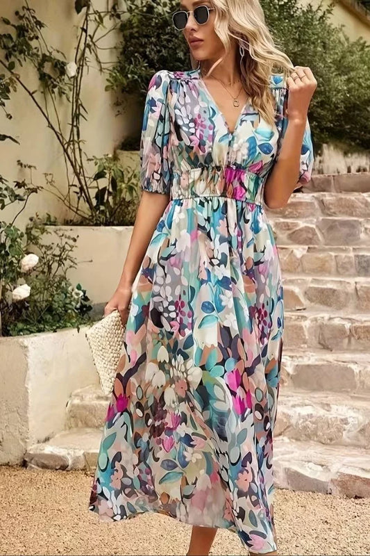 Women’s Midi Dress – Flowy Fit – V-Neck – Puff Sleeve – Elastic Waist – Floral Print