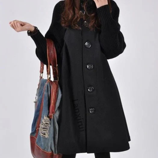 Women’s High-Neck Coat – Wool Blend – Oversized Fit – Ribbed Cuffs – Button Front