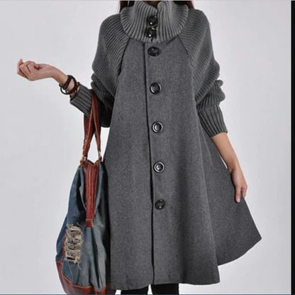 Women’s High-Neck Coat – Wool Blend – Oversized Fit – Ribbed Cuffs – Button Front
