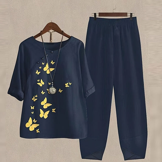Women’s Two-Piece Set – Relaxed Fit – Breathable Blend – Butterfly Print – Wide-Leg Pants