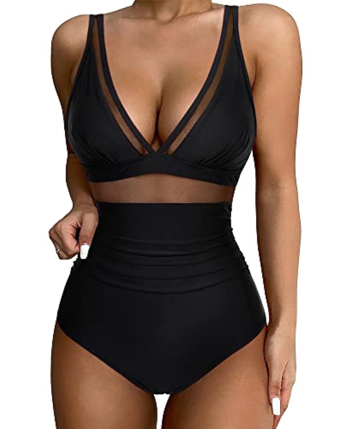 Women’s Swimsuit – Fitted One-Piece – Plunging Neckline – Mesh Panels – High-Cut Leg