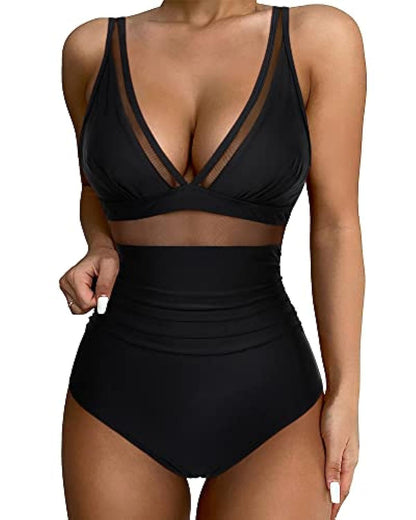 Women’s Swimsuit – Fitted One-Piece – Plunging Neckline – Mesh Panels – High-Cut Leg