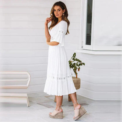 Women's Bohemian Dress - A-Line Flowy Fit - Deep V-Neck - Lace Detail - 3/4 Sleeves