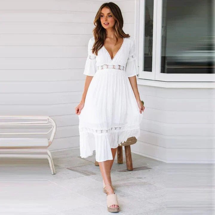 Women's Bohemian Dress - A-Line Flowy Fit - Deep V-Neck - Lace Detail - 3/4 Sleeves