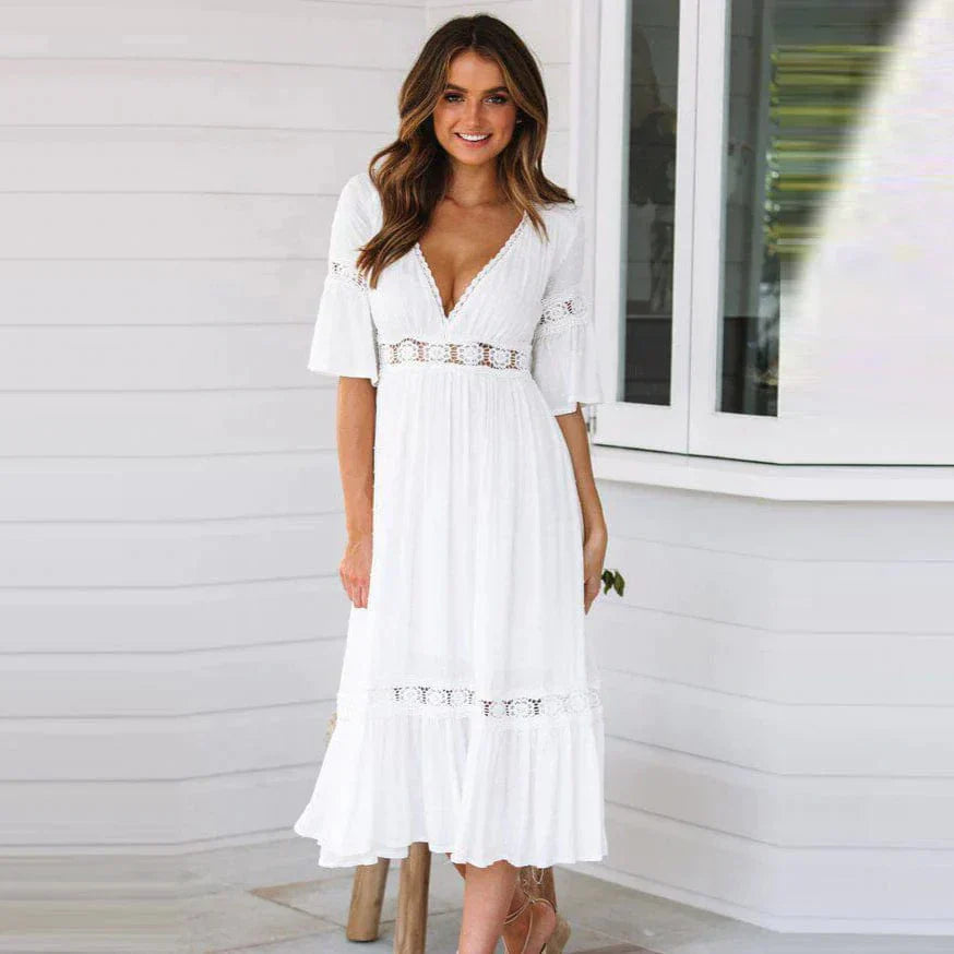 Women's Bohemian Dress - A-Line Flowy Fit - Deep V-Neck - Lace Detail - 3/4 Sleeves