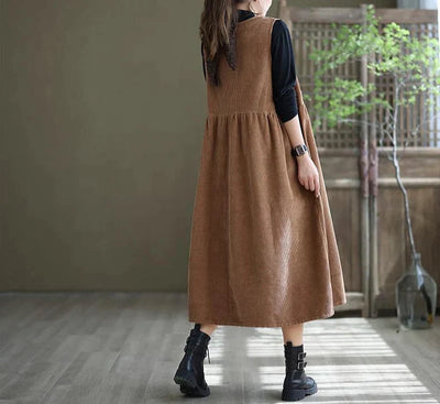 Women's Corduroy Pinafore Dress - Sleeveless A-Line Midi - Casual Loose Fit with Pockets