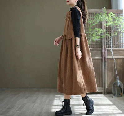 Women's Corduroy Pinafore Dress - Sleeveless A-Line Midi - Casual Loose Fit with Pockets
