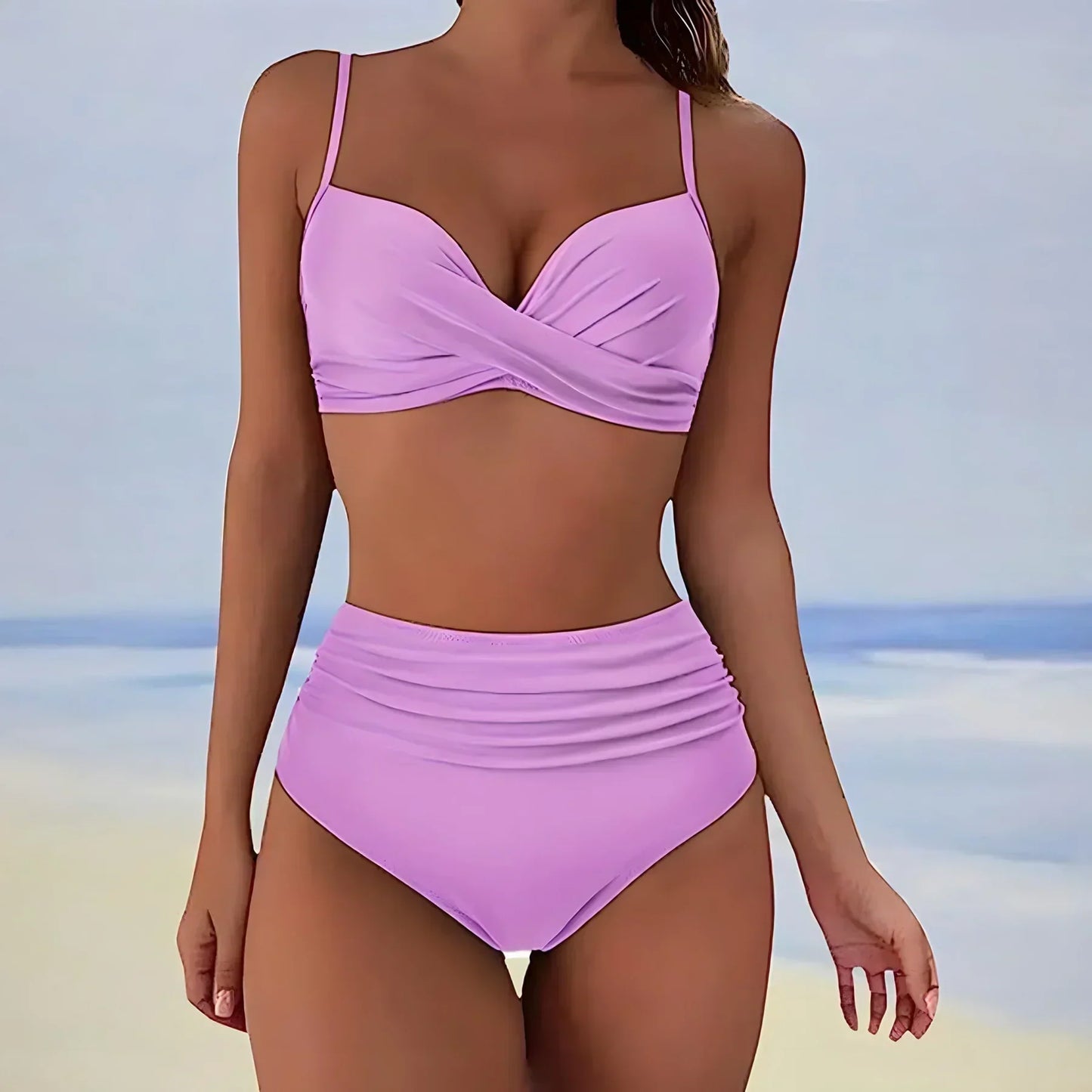 Women’s Bikini Set – Twist Front Top – High Waist Ruched Bottom – Stretch Fit