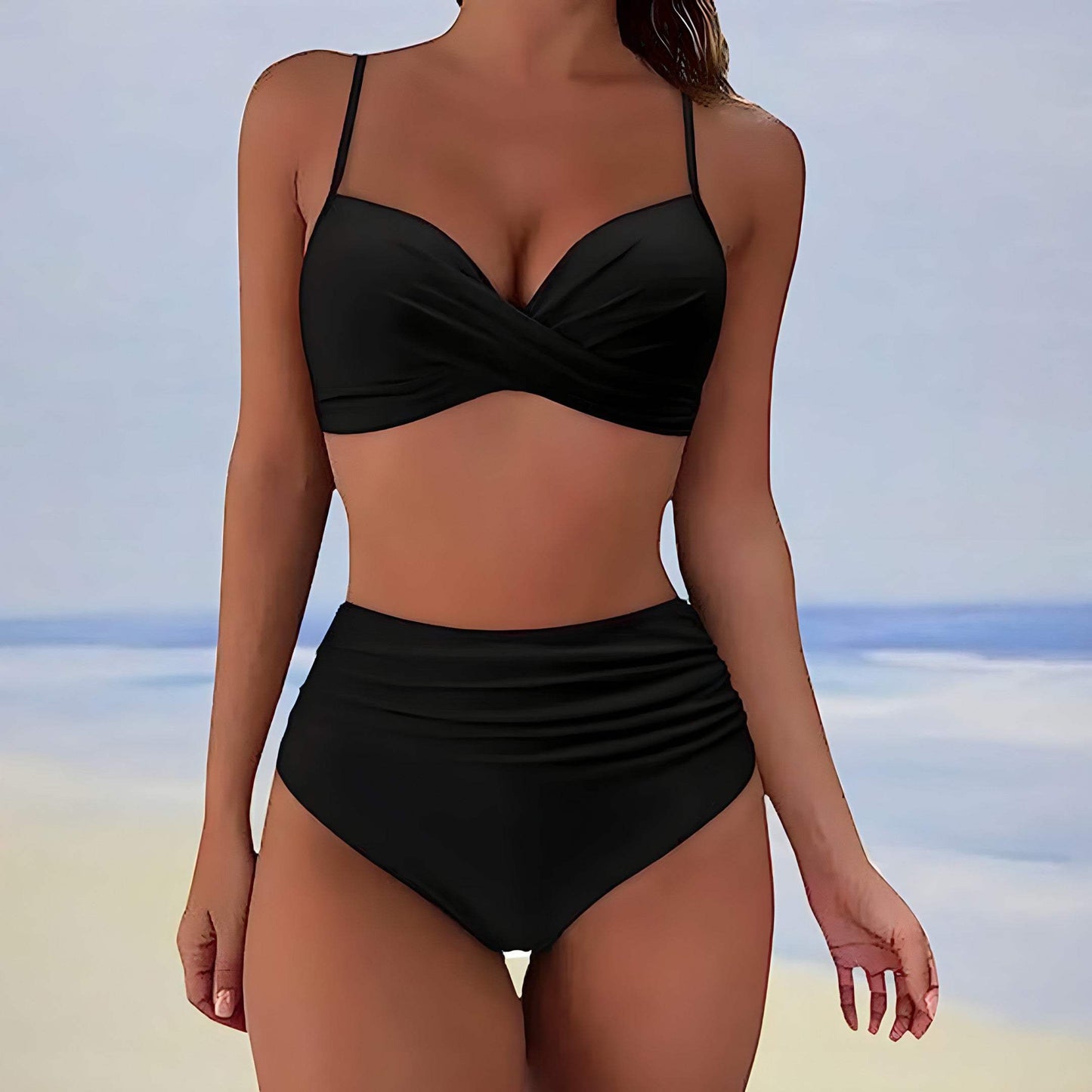 Women's Bikini Set - Twist-Front Top - Adjustable Straps - High-Waisted Ruched Bottoms