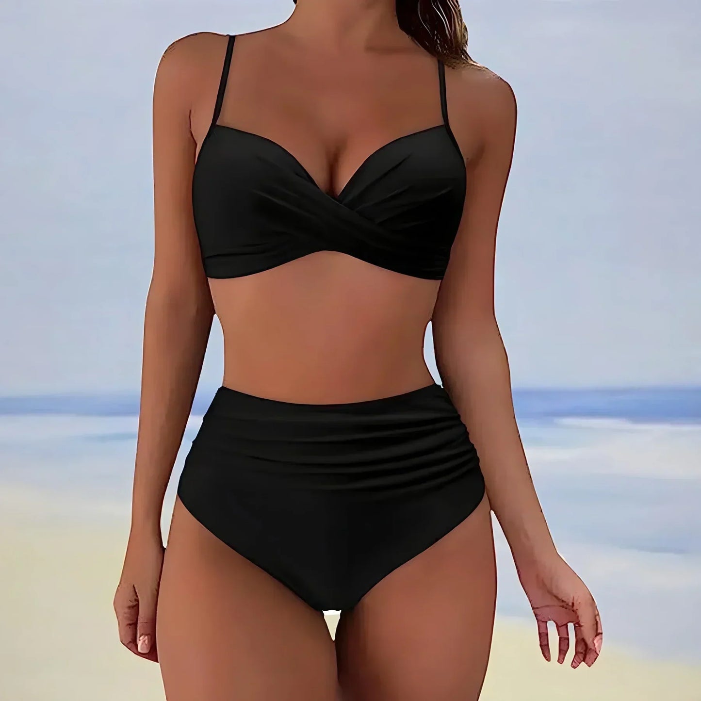 Women’s Bikini Set – Twist Front Top – High Waist Ruched Bottom – Stretch Fit