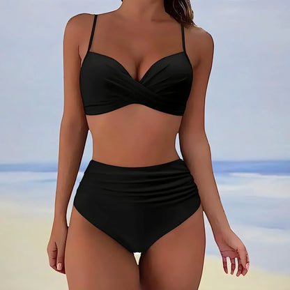 Women’s Bikini Set – Twist Front Top – High Waist Ruched Bottom – Stretch Fit