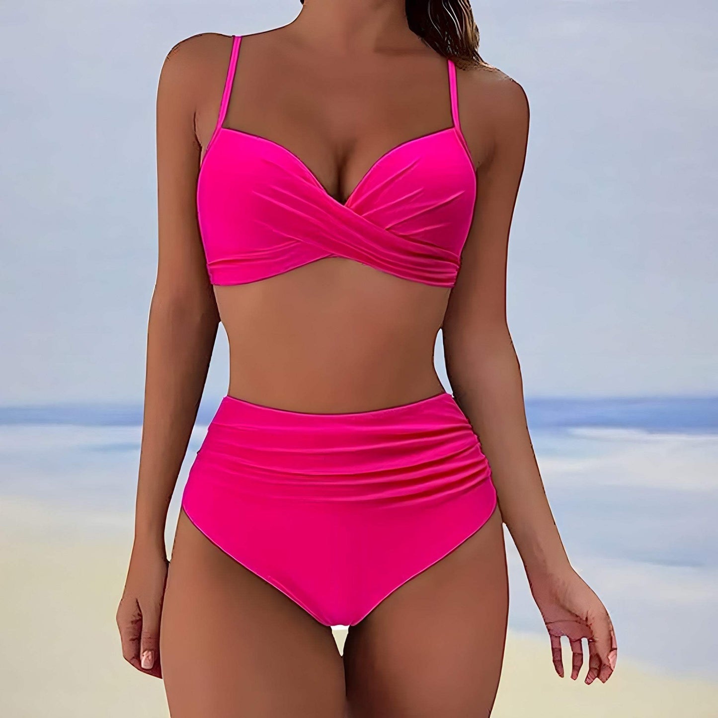 Women's Bikini Set - Twist-Front Top - Adjustable Straps - High-Waisted Ruched Bottoms