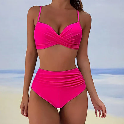 Women’s Bikini Set – Twist Front Top – High Waist Ruched Bottom – Stretch Fit