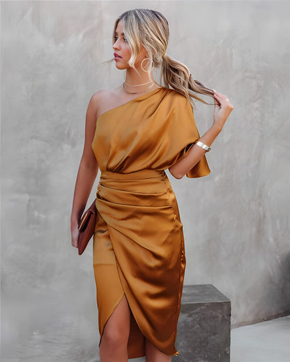 Women's One-Shoulder Satin Dress - Elegant Draped Fit - Ruched Detail - Evening Wear