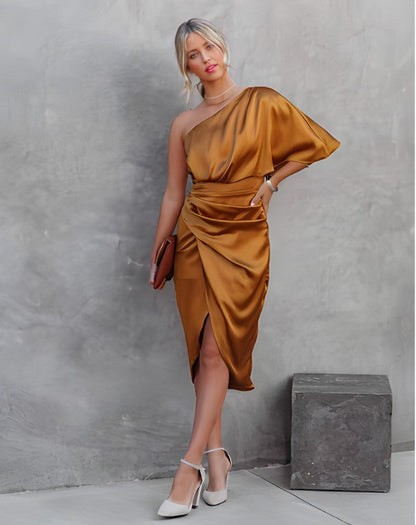 Women's One-Shoulder Satin Dress - Elegant Draped Fit - Ruched Detail - Evening Wear