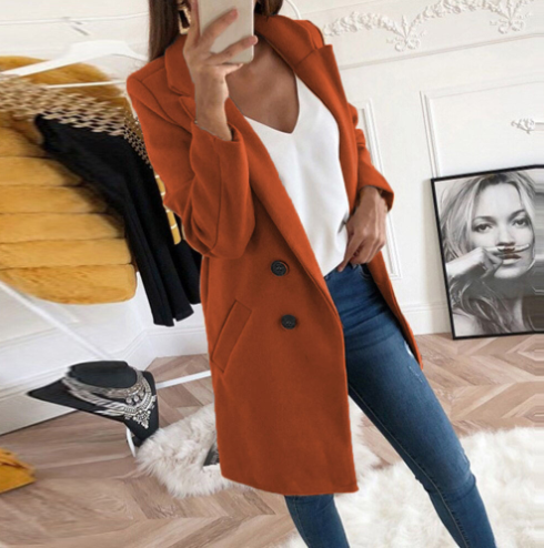 Women's double breasted wool coat with lapel collar