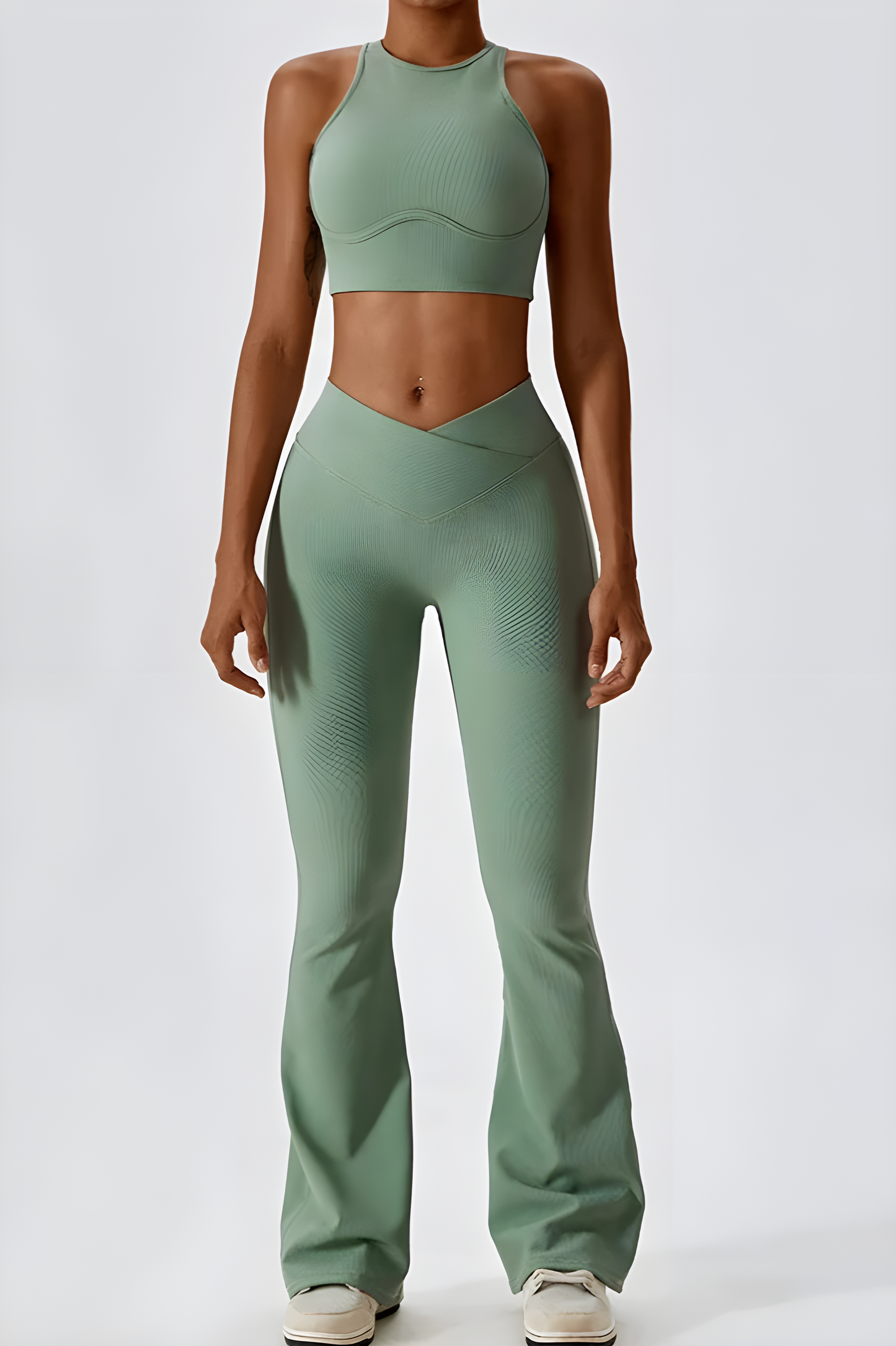 Women's Athletic Set - Racerback Crop Top & High-Waist Flare Leggings - Stretch Fit