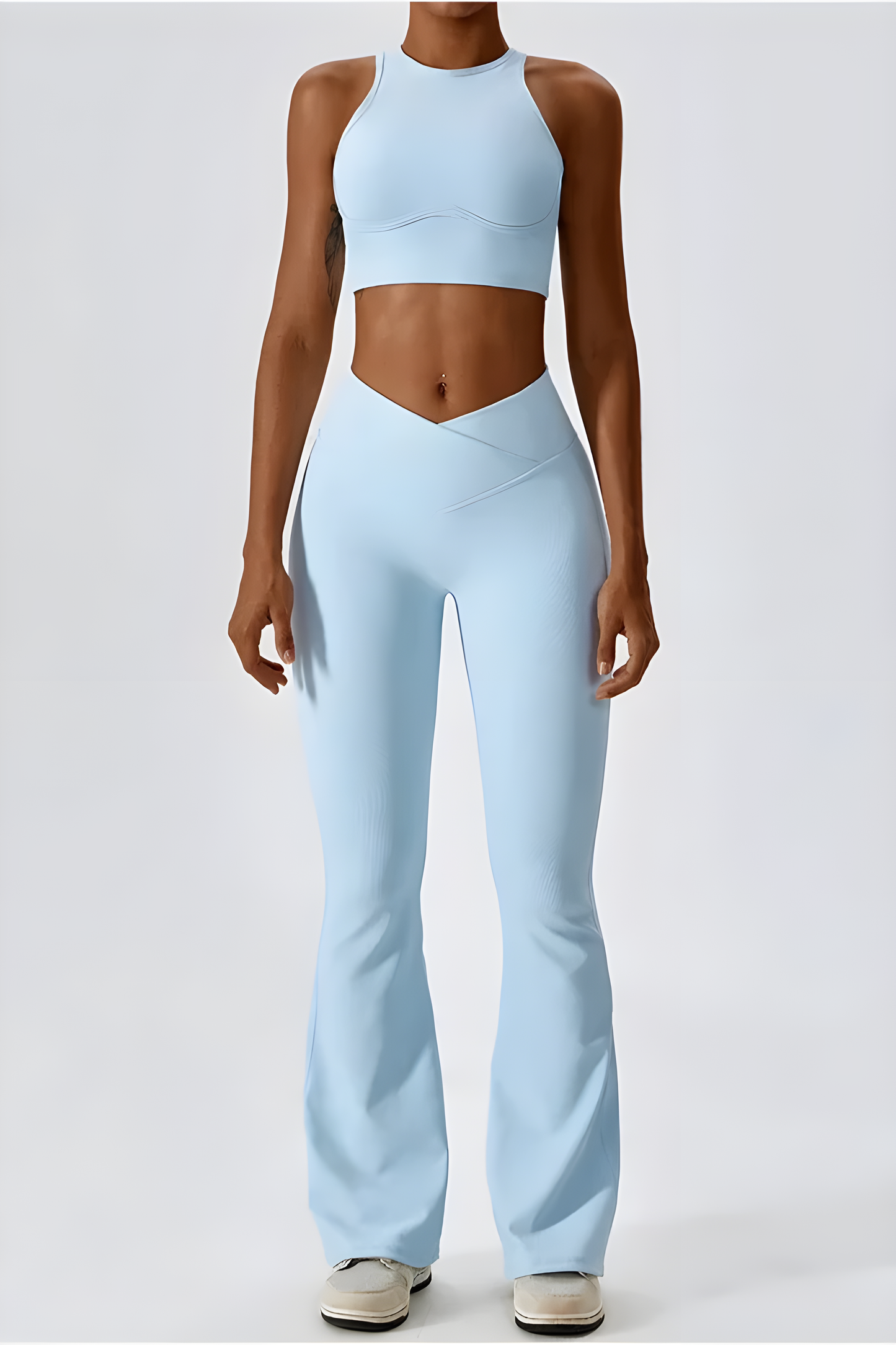 Women's Athleisure Set - Racerback Crop Top - High-Waisted Flared Leggings - Stretch Fit