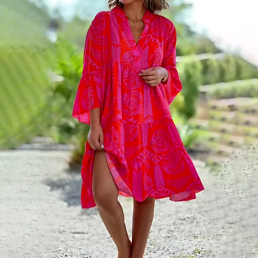 Women’s Midi Dress – Relaxed Fit – V-Neck – Printed – Three-Quarter Sleeve – Breathable Blend