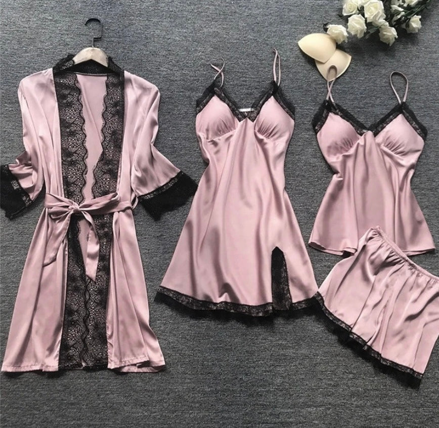 Women’s Satin Sleepwear Set – Lace Trim – Robe, Chemise, Camisole, Shorts & Trousers