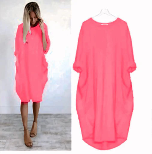 Women’s Midi Dress – Relaxed Fit – Breathable Blend – Round Neck – Side Pockets