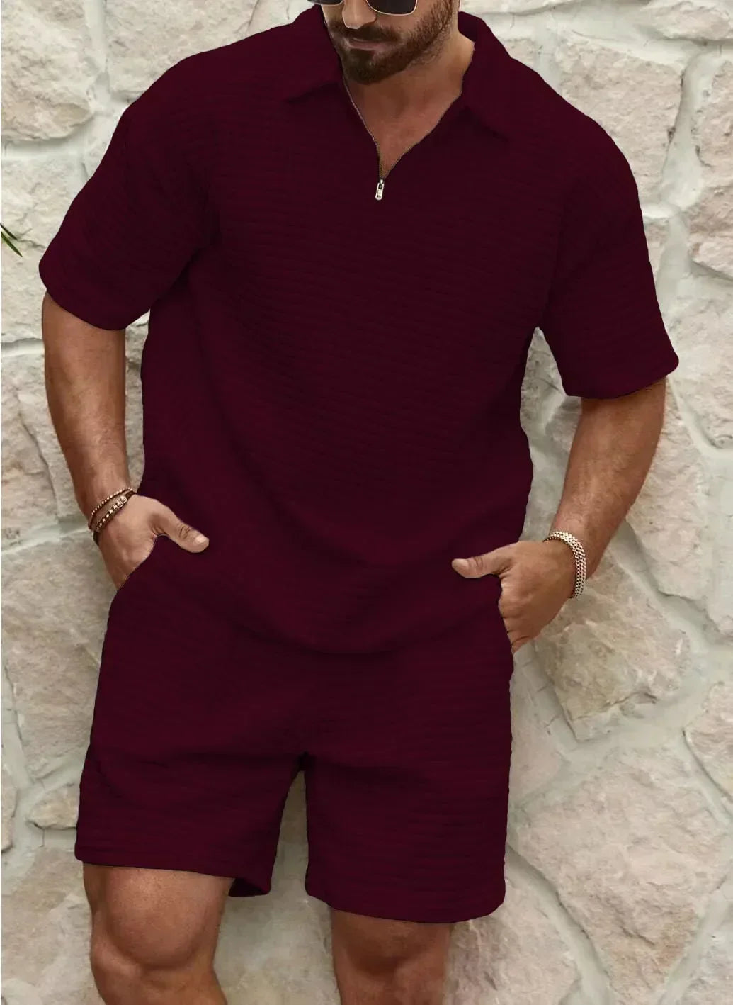 Men’s Short Set – Relaxed Fit – Soft Textured Fabric – Half Zip Top – Elastic Waistband