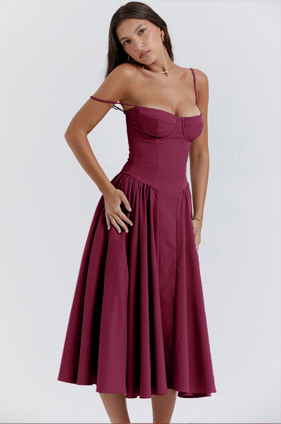 Women’s Midi Dress – Corset Bodice – A-Line Fit – Spaghetti Straps – Soft Fabric