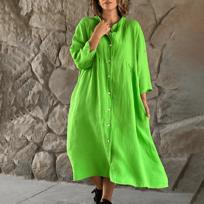 Women's Shirt Dress - Midi Length - 3/4 Sleeve Button-Up - Relaxed Fit - Lightweight Fabric