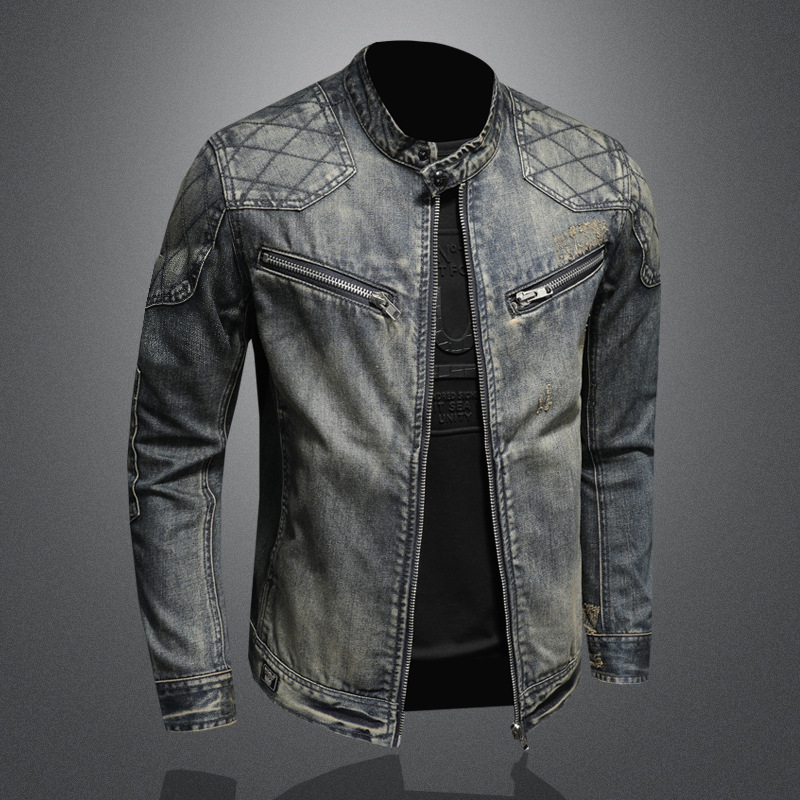 Men’s Denim Jacket - Slim Fit - Stand Collar - Quilted Shoulders - Zipper Pockets