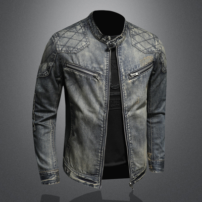 Men’s Denim Jacket - Slim Fit - Stand Collar - Quilted Shoulders - Zipper Pockets