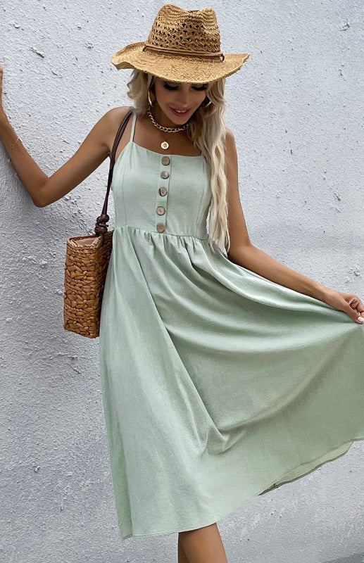 Women's Midi Dress - Sleeveless A-Line - Button-Down Fitted Bodice - Flared Casual Fit