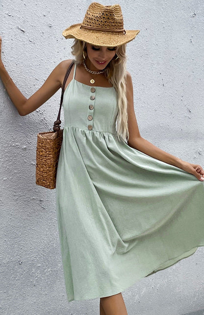 Women's Midi Dress - Sleeveless A-Line - Button-Down Fitted Bodice - Flared Casual Fit