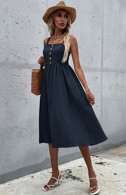 Women's Midi Dress - Sleeveless A-Line - Button-Down Fitted Bodice - Flared Casual Fit