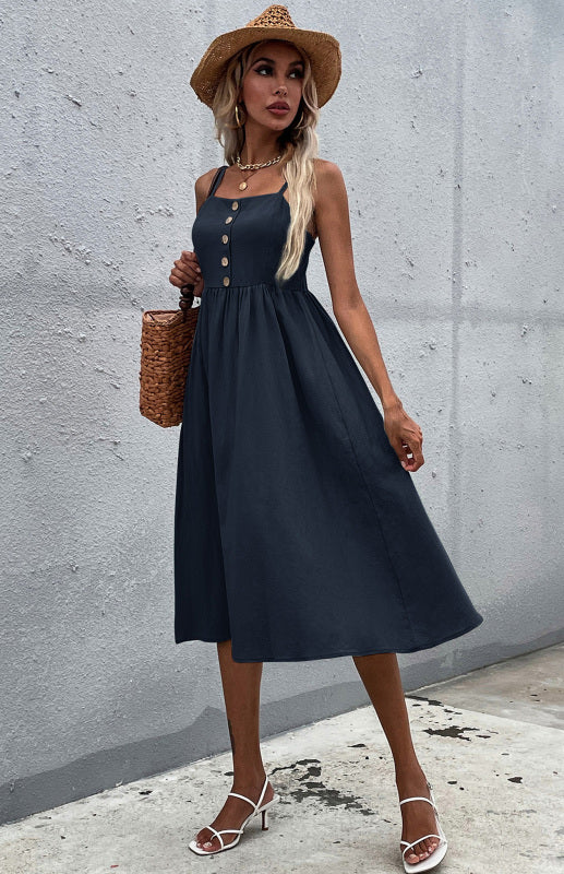 Women's Midi Dress - Sleeveless A-Line - Button-Down Fitted Bodice - Flared Casual Fit