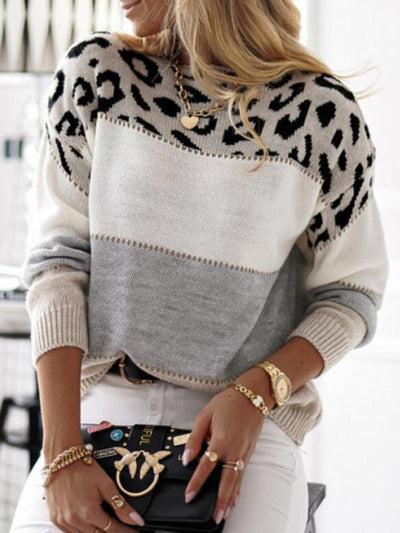 Women's Knitted Sweater - Leopard Print - Loose Fit - Striped Casual Pullover