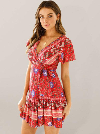 Women's Wrap Dress - Floral Print - V-Neck - Short Flutter Sleeves - Flowy Silhouette
