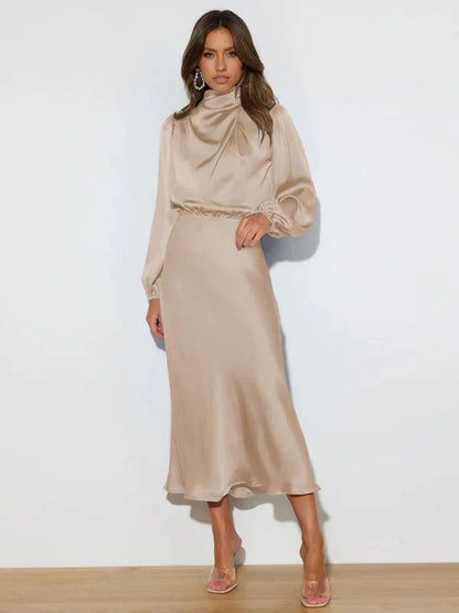 Women's Midi Dress - Satin Finish - High Neck - Long Sleeve Elegant Evening Wear