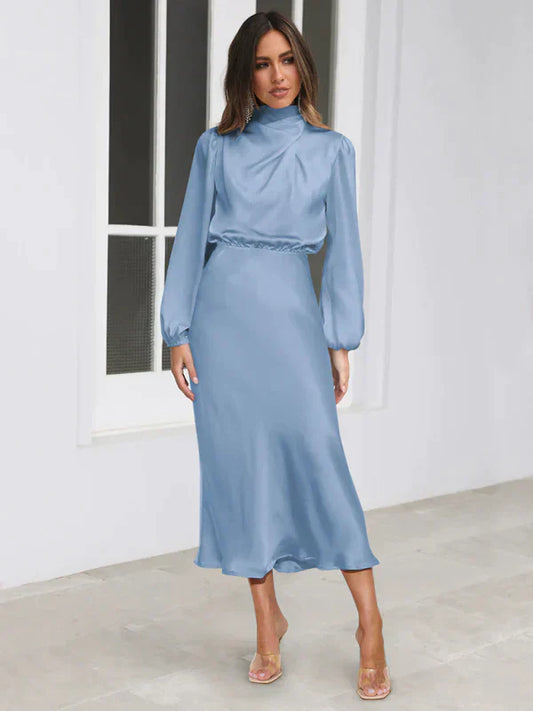 Women's Midi Dress - Satin Finish - High Neck - Long Sleeve Elegant Evening Wear