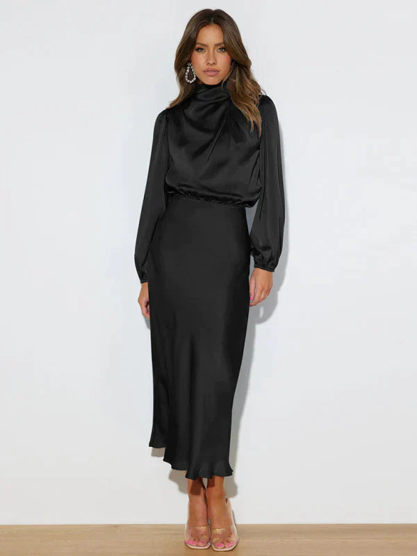 Women's Midi Dress - Satin Finish - High Neck - Long Sleeve Elegant Evening Wear