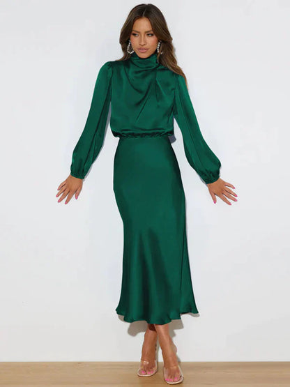 Women's Midi Dress - Satin Finish - High Neck - Long Sleeve Elegant Evening Wear
