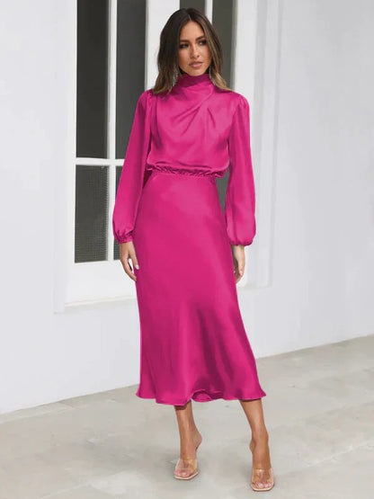 Women's Midi Dress - Satin Finish - High Neck - Long Sleeve Elegant Evening Wear