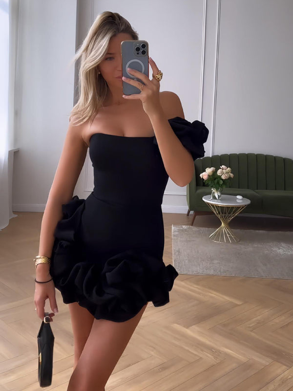 Women’s Mini Dress – Satin Finish – Slim Fit – One-Shoulder Ruffle – Asymmetrical Neckline