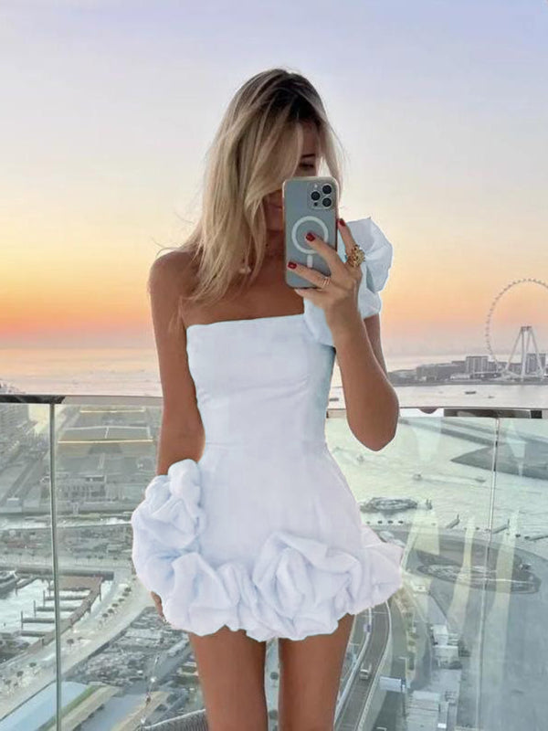 Women’s Mini Dress – Satin Finish – Slim Fit – One-Shoulder Ruffle – Asymmetrical Neckline