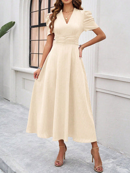 Women’s Midi Dress – V-Neck – Puff Sleeve – Fitted Waist – Lightweight A-Line