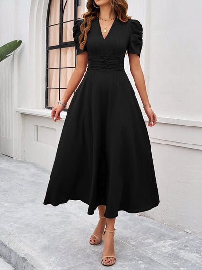 Women’s Midi Dress – V-Neck – Puff Sleeve – Fitted Waist – Lightweight A-Line